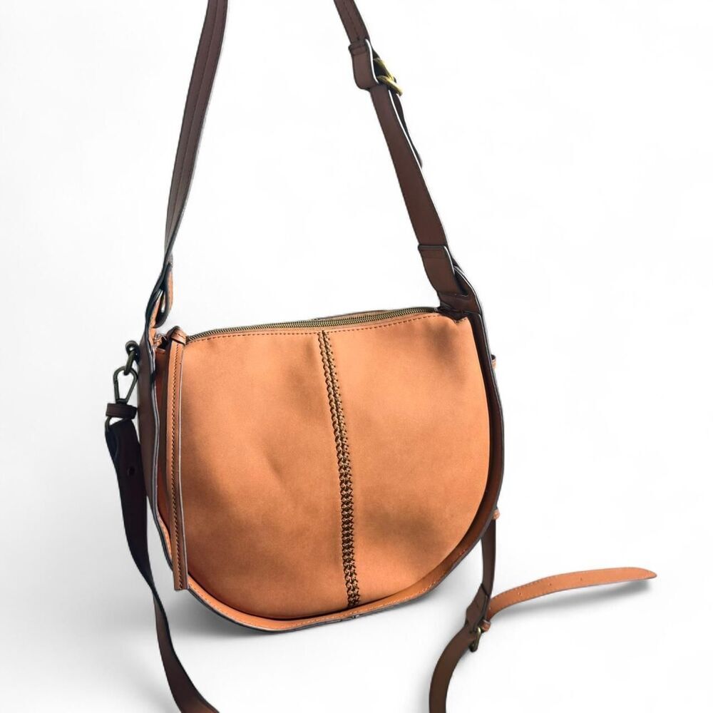Tan leather crossbody bag with gold hardware - Suede Faux Leather, Like NEW - Picture 2 of 8